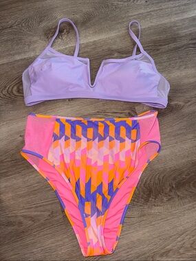 aerie Lavender Bikini Top with Pink Orange Geometric High-Waist Bottoms